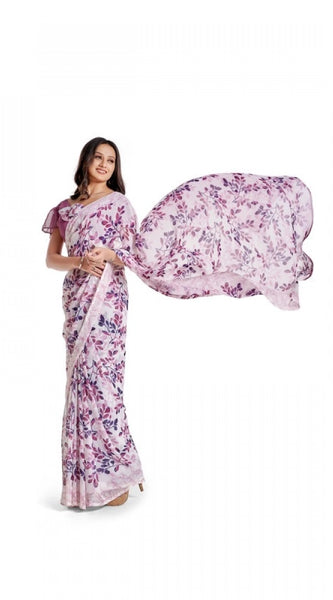 Mayawye Women's Georgette Printed Saree With Unstitched Blouse 5.5Mtr (Pink)