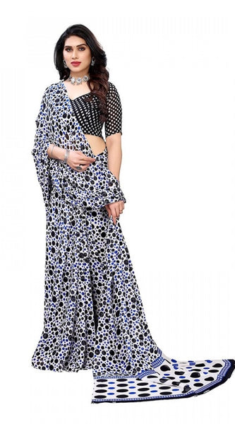 Mayawye Women's Georgette Printed Saree With Unstitched Blouse 5.5Mtr (Blue)