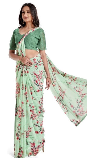 Mayawye Women's Georgette Printed Saree With Unstitched Blouse 5.5Mtr (Light Green)