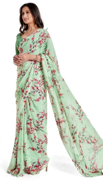 Mayawye Women's Georgette Printed Saree With Unstitched Blouse 5.5Mtr (Light Green)