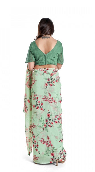 Mayawye Women's Georgette Printed Saree With Unstitched Blouse 5.5Mtr (Light Green)