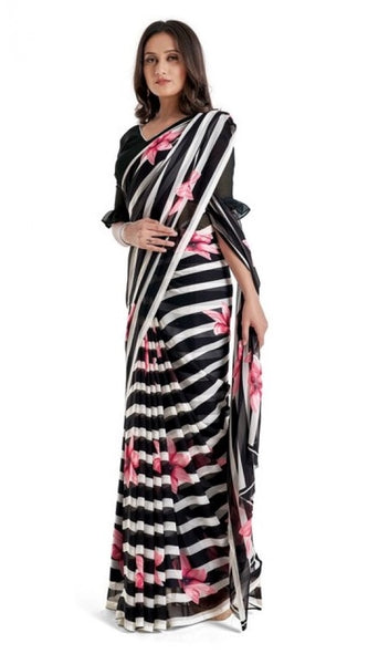 Mayawye Women's Georgette Printed Saree With Unstitched Blouse 5.5Mtr (Pink)