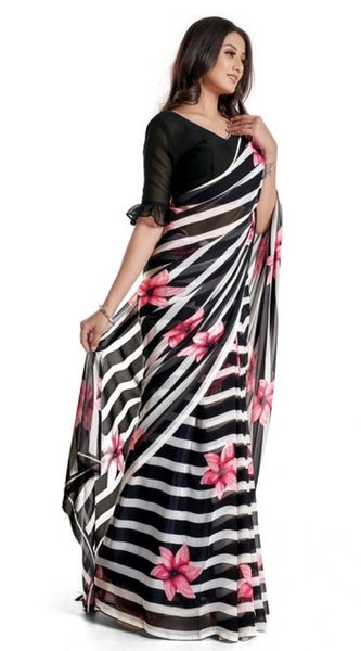 Mayawye Women's Georgette Printed Saree With Unstitched Blouse 5.5Mtr (Pink)