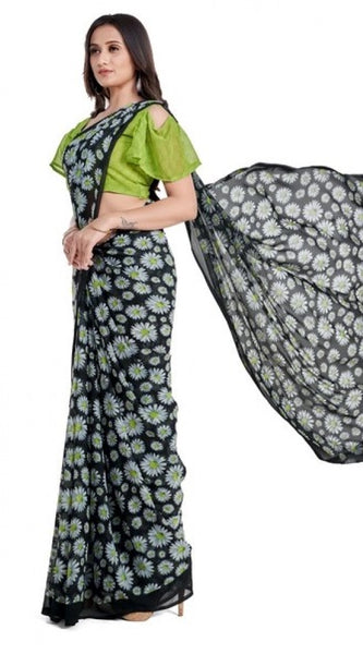 Mayawye Women's Georgette Printed Saree With Unstitched Blouse 5.5Mtr (Green)