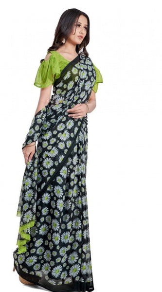 Mayawye Women's Georgette Printed Saree With Unstitched Blouse 5.5Mtr (Green)