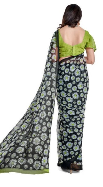 Mayawye Women's Georgette Printed Saree With Unstitched Blouse 5.5Mtr (Green)