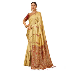 Mayawye Women's Silk Blend Woven Paithani Saree With Unstitched Blouse 5.5Mtr (Beige)
