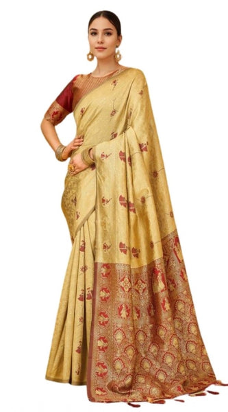 Mayawye Women's Silk Blend Woven Paithani Saree With Unstitched Blouse 5.5Mtr (Beige)