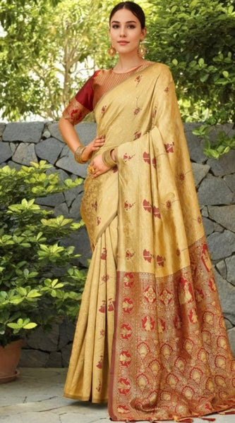 Mayawye Women's Silk Blend Woven Paithani Saree With Unstitched Blouse 5.5Mtr (Beige)