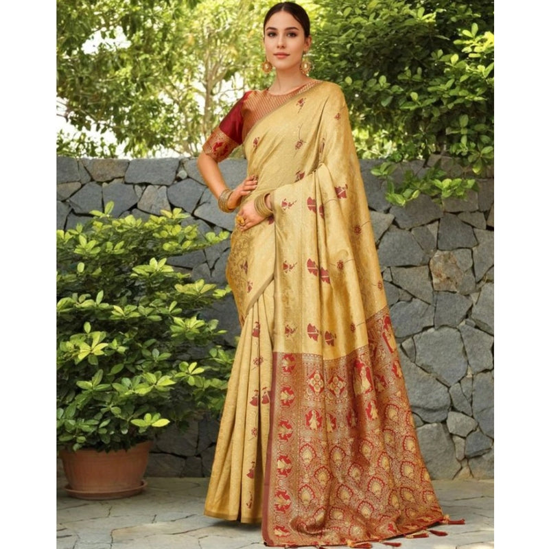 Mayawye Women's Silk Blend Woven Paithani Saree With Unstitched Blouse 5.5Mtr (Beige)