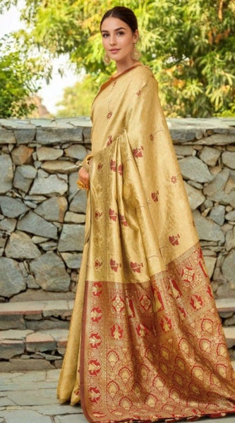 Mayawye Women's Silk Blend Woven Paithani Saree With Unstitched Blouse 5.5Mtr (Beige)