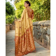 Mayawye Women's Silk Blend Woven Paithani Saree With Unstitched Blouse 5.5Mtr (Beige)