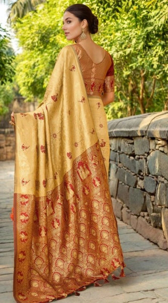 Mayawye Women's Silk Blend Woven Paithani Saree With Unstitched Blouse 5.5Mtr (Beige)