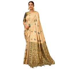 Mayawye Women's Silk Blend Woven Paithani Saree With Unstitched Blouse 5.5Mtr (Cream)