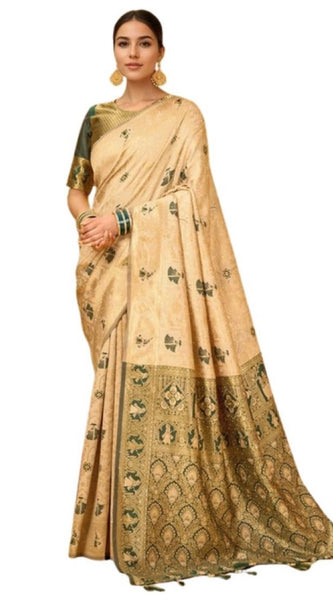 Mayawye Women's Silk Blend Woven Paithani Saree With Unstitched Blouse 5.5Mtr (Cream)