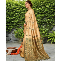 Mayawye Women's Silk Blend Woven Paithani Saree With Unstitched Blouse 5.5Mtr (Cream)