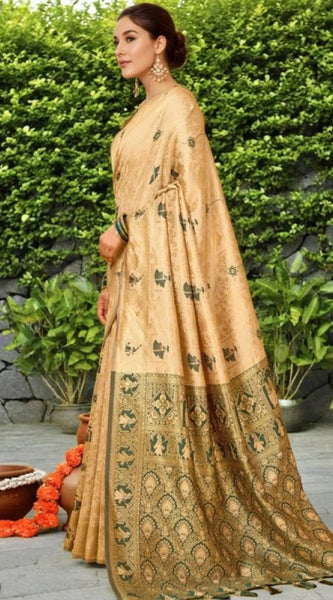 Mayawye Women's Silk Blend Woven Paithani Saree With Unstitched Blouse 5.5Mtr (Cream)