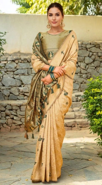 Mayawye Women's Silk Blend Woven Paithani Saree With Unstitched Blouse 5.5Mtr (Cream)