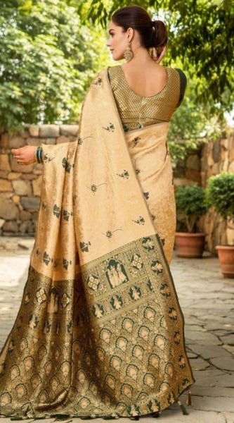 Mayawye Women's Silk Blend Woven Paithani Saree With Unstitched Blouse 5.5Mtr (Cream)