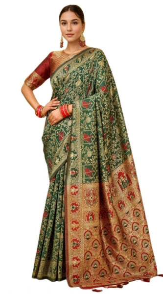 Mayawye Women's Silk Blend Woven Paithani Saree With Unstitched Blouse 5.5Mtr (Green)