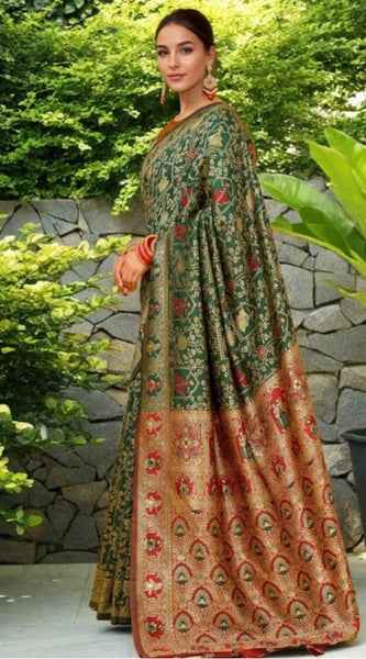 Mayawye Women's Silk Blend Woven Paithani Saree With Unstitched Blouse 5.5Mtr (Green)