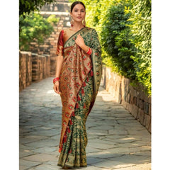 Mayawye Women's Silk Blend Woven Paithani Saree With Unstitched Blouse 5.5Mtr (Green)