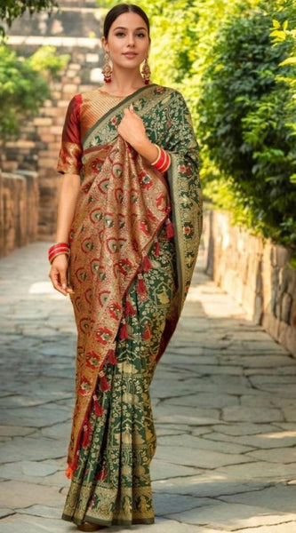 Mayawye Women's Silk Blend Woven Paithani Saree With Unstitched Blouse 5.5Mtr (Green)