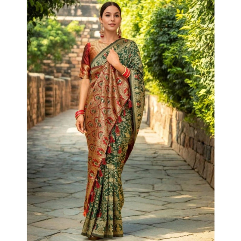 Mayawye Women's Silk Blend Woven Paithani Saree With Unstitched Blouse 5.5Mtr (Green)