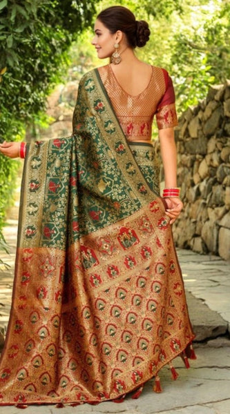 Mayawye Women's Silk Blend Woven Paithani Saree With Unstitched Blouse 5.5Mtr (Green)