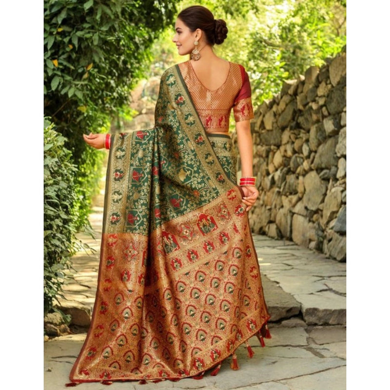Mayawye Women's Silk Blend Woven Paithani Saree With Unstitched Blouse 5.5Mtr (Green)