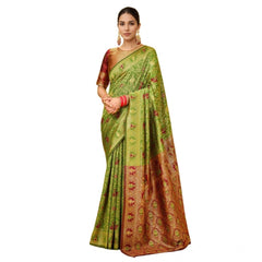 Mayawye Women's Silk Blend Woven Paithani Saree With Unstitched Blouse 5.5Mtr (Light Green)