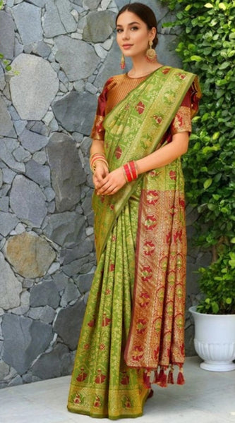 Mayawye Women's Silk Blend Woven Paithani Saree With Unstitched Blouse 5.5Mtr (Light Green)