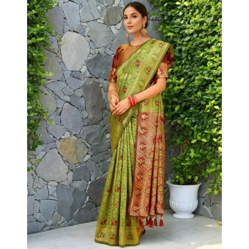 Mayawye Women's Silk Blend Woven Paithani Saree With Unstitched Blouse 5.5Mtr (Light Green)