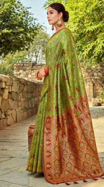 Mayawye Women's Silk Blend Woven Paithani Saree With Unstitched Blouse 5.5Mtr (Light Green)