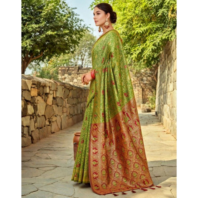 Mayawye Women's Silk Blend Woven Paithani Saree With Unstitched Blouse 5.5Mtr (Light Green)