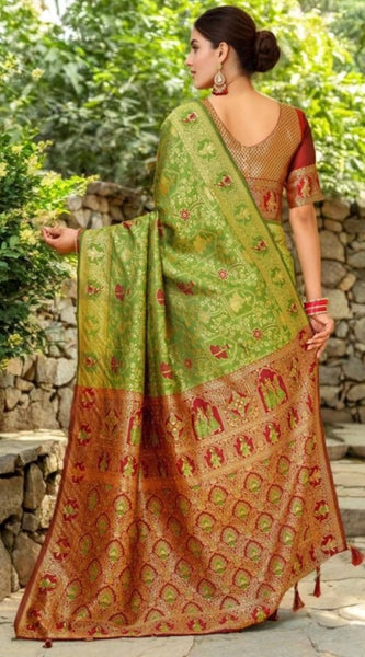 Mayawye Women's Silk Blend Woven Paithani Saree With Unstitched Blouse 5.5Mtr (Light Green)