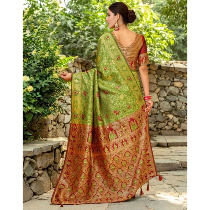 Mayawye Women's Silk Blend Woven Paithani Saree With Unstitched Blouse 5.5Mtr (Light Green)