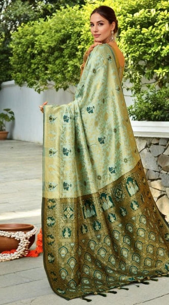 Mayawye Women's Silk Blend Woven Paithani Saree With Unstitched Blouse 5.5Mtr (Mahendi)