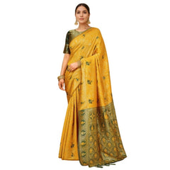 Mayawye Women's Silk Blend Woven Paithani Saree With Unstitched Blouse 5.5Mtr (Mustard)
