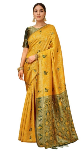 Mayawye Women's Silk Blend Woven Paithani Saree With Unstitched Blouse 5.5Mtr (Mustard)