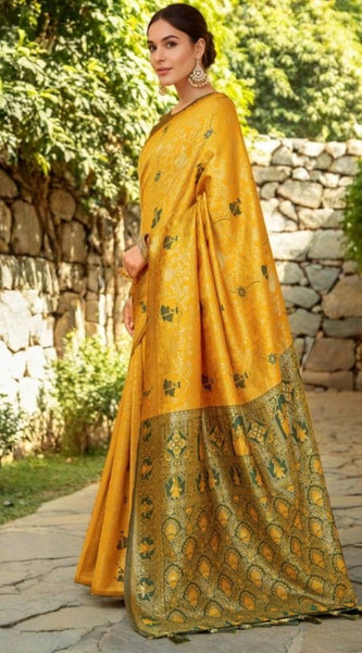Mayawye Women's Silk Blend Woven Paithani Saree With Unstitched Blouse 5.5Mtr (Mustard)
