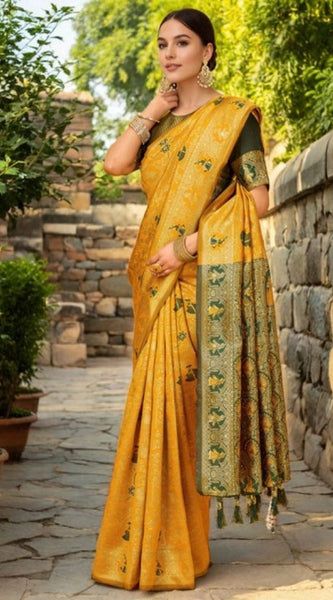 Mayawye Women's Silk Blend Woven Paithani Saree With Unstitched Blouse 5.5Mtr (Mustard)