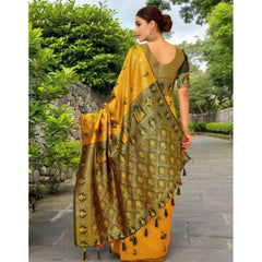 Mayawye Women's Silk Blend Woven Paithani Saree With Unstitched Blouse 5.5Mtr (Mustard)