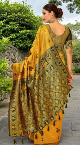 Mayawye Women's Silk Blend Woven Paithani Saree With Unstitched Blouse 5.5Mtr (Mustard)