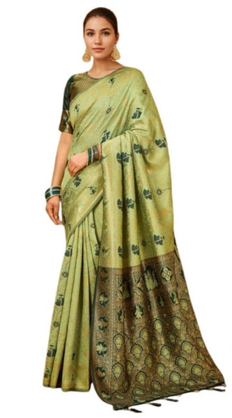 Mayawye Women's Silk Blend Woven Paithani Saree With Unstitched Blouse 5.5Mtr (Olive)
