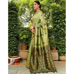 Mayawye Women's Silk Blend Woven Paithani Saree With Unstitched Blouse 5.5Mtr (Olive)