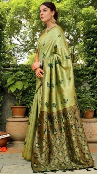 Mayawye Women's Silk Blend Woven Paithani Saree With Unstitched Blouse 5.5Mtr (Olive)