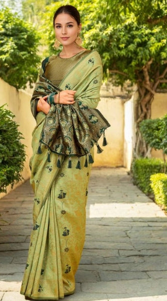 Mayawye Women's Silk Blend Woven Paithani Saree With Unstitched Blouse 5.5Mtr (Olive)