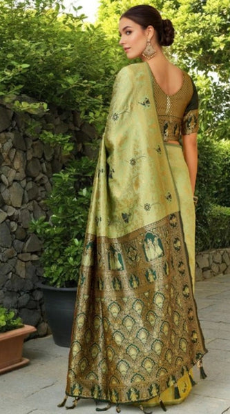 Mayawye Women's Silk Blend Woven Paithani Saree With Unstitched Blouse 5.5Mtr (Olive)