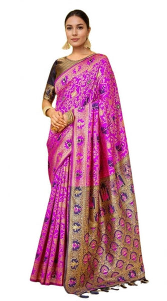 Mayawye Women's Silk Blend Woven Paithani Saree With Unstitched Blouse 5.5Mtr (Pink)